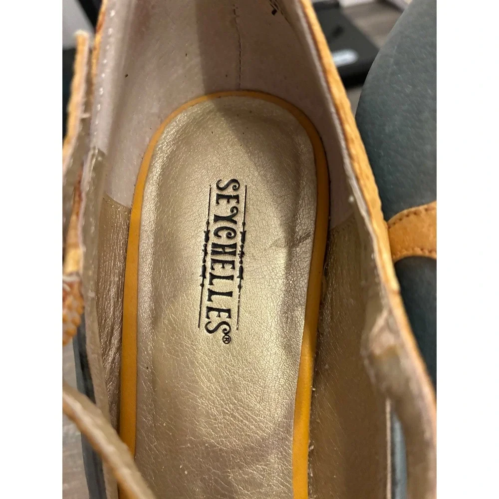 Seychelles Women Blue Yellow Leather T-Strap Wedge Heels Retro Round Toe Size‎ 7